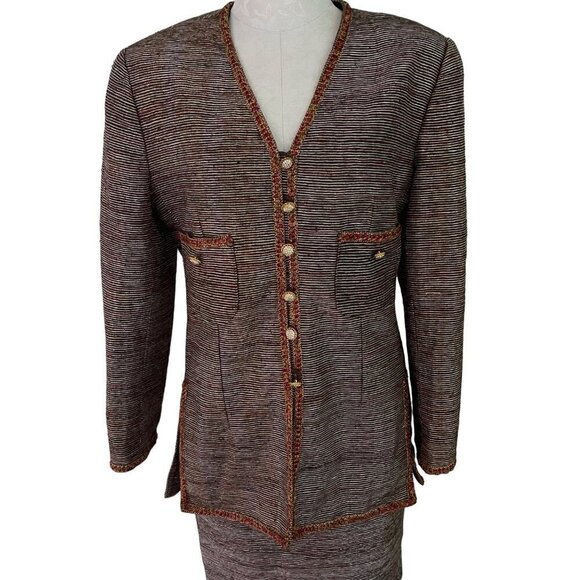 Rickie Freeman Vintage Womens Skirt Suit Size Medium Brown Woven Silk Korea - Picture 1 of 11